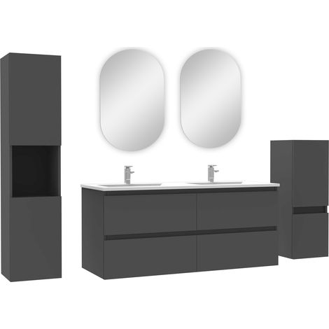 Acezanble ensemble meubles Salle de Bain 120cm double vasque + colonne + miroir ovale mural Anthracite (1/4)