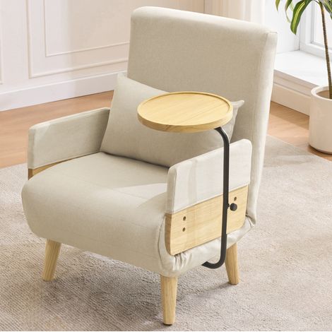 Poltrona letto 88/74,5/66 cm beige in lino con tavolino girevole e schienale regolabile (1/5)