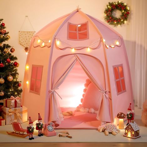 Tente Château pour Enfant- Cabane Enfant Intérieure avec Lumières, Grand Espace de Jeu et Structure Stable - Idéal Cadeau pour Filles (Rose) (1/5)