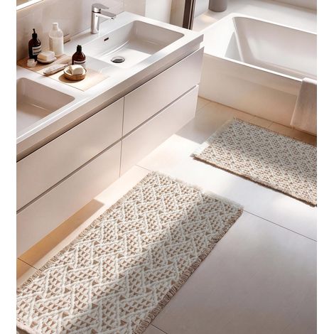 Lot de 2 tapis de bain - Beige naturel - 50 x 80 cm - 60 x 120 cm - Antidérapant - Lavable - Style bohème