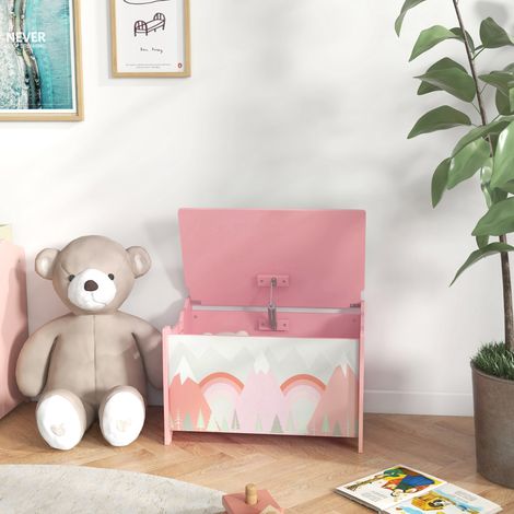 Baule portagiochi per bambini, contenitore per giocattoli con coperchio a cerniera, motivo foresta, angoli arrotondati, 60 x 37 x 39 cm, rosa
