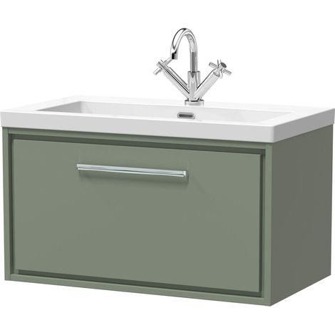 Balterley Longnor Modern Bathroom 1 Soft-Close Drawer Wall Hung Vanity Unit Fireclay Basin, Fern Green, 800mm