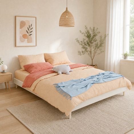 Letto matrimoniale 160x200 cm, con rete a doghe, in tessuto beige, per camera da letto, senza materasso (1/5)