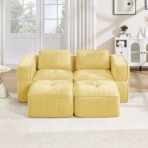 Canapé modulaire droit 2 places, canapé nuage sans cadre en polyester, mousse haute densité 32D, assise profonde antidérapante, sans montage, 198 x 162 x 67 cm, Jaune, pour salon et appartement