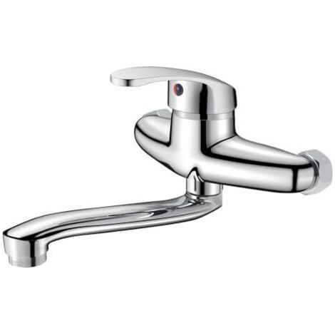Grifo de cocina mural, monomando, agua fría y caliente, caño giratorio 360°, acabado cromado (20 cm) (1/5)