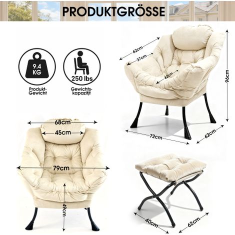 Fauteuil avec repose-pieds — Fauteuil de détente avec accoudoirs, poche latérale et repose-jambes — Idéal pour salon, chambre ou bureau (Fauteuil de relaxation, fauteuil TV, fauteuil à oreilles) — Bei