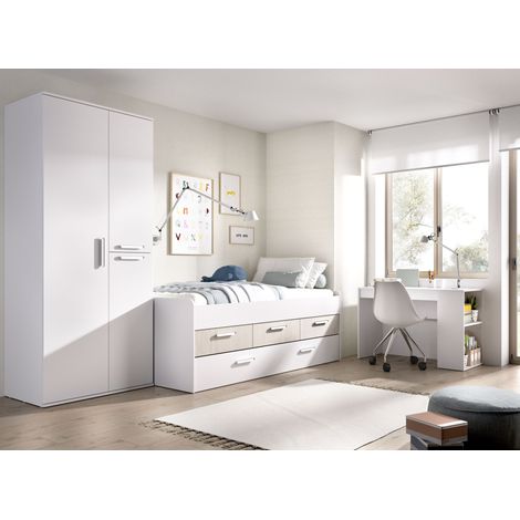 DEKIT GRUPO RIMOBEL PACK LEKA - CONJUNTO DE CAMA COMPACTA CON 3 CAJONES, ARMARIO Y MESA ESCRITORIO - BLANCO / ALISTONADO