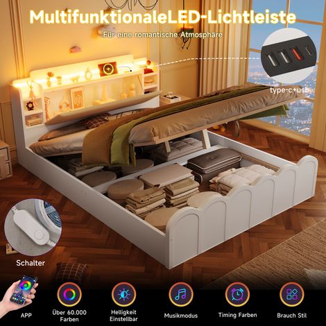 Lit-coffre hydraulique 140x200 cm, sommier à lattes, avec port USB-C, lumière LED, télécommande et appli, sans matelas, rangement rabattable multifonction, teinte blanche (1/5)