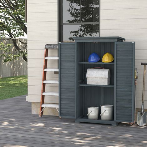 Armadio da giardino in legno di abete, 87 x 46,5 x 160 cm, ante a lamelle, grigio OKMYHOME (1/5)