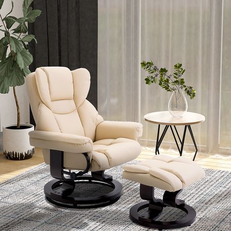 Sillón relax giratorio con reposapiés, reclinación de 145 grados, base de metal y madera curvada, piel sintética, blanco crema (1/5)