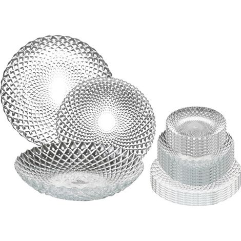 Service de table 18 pièces en verre effet rosaces diamants - Assiettes Toutes en Verre - Livraison gratuite