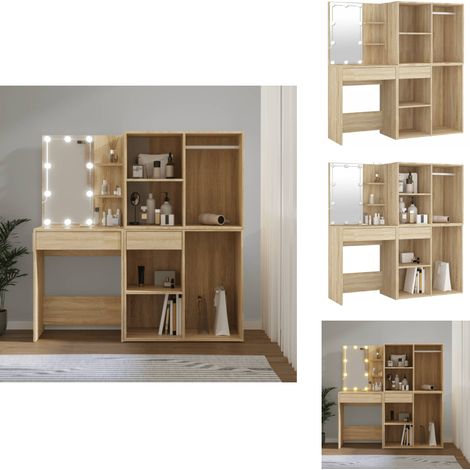 LED-Schminktisch mit 2 Schränken Sonoma-Eiche Holzwerkstoff - LED-Schminktisch - Schminktisch Mit Schubladen - Kosmetikschreibtisch - Makeup Tisch - Badezimmer Möbel (1/5)