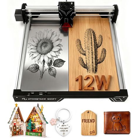 Machine de gravure laser ATOMSTACK Swift 12W - Graveur et découpeur laser 300 × 300 mm, précision de 0,01 mm, WiFi/Bluetooth/USB, pour bois, cuir, acrylique foncé, métal, cadeaux DIY (1/4)