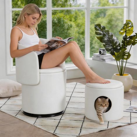 Fauteuil tonneau rembourré – Pivotant 360° – Rangement intégré – Coiffeuse/Salle à manger – Multifonction (1/5)