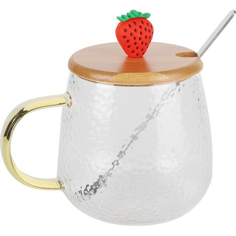 Mug en verre borosilicate 400ml résistant à la chaleur avec cuillère inox et couvercle bambou (Fraise) (1/5)