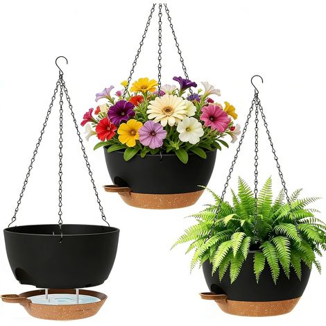 Lot de 3 pots de fleurs suspendus à arrosage automatique - 25 cm - Avec trous de drainage et soucoupe amovible - Pour la maison, le jardin - Noir (1/5)