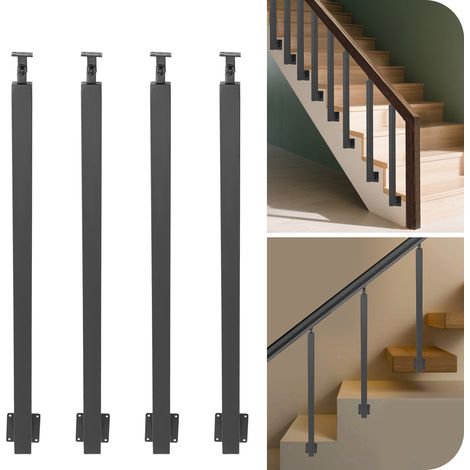 4 poteaux de balustrade d'escalier carrés à montage latéral de 90 cm — Poteaux de balustrade métalliques réglables à 270°, poteaux en fer forgé adaptés aux terrasses, balcons, escaliers et décorations (1/5)