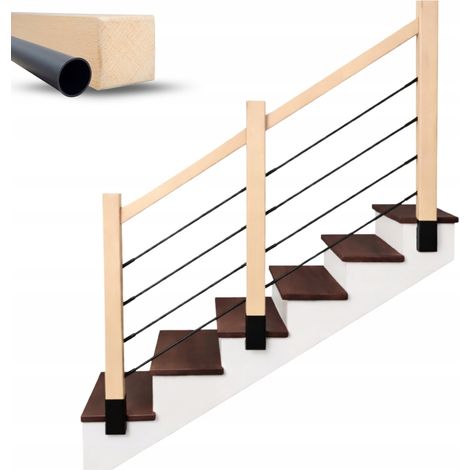 Garde-corps escalier bois hêtre massif avec tubes noirs, rambarde sur mesure