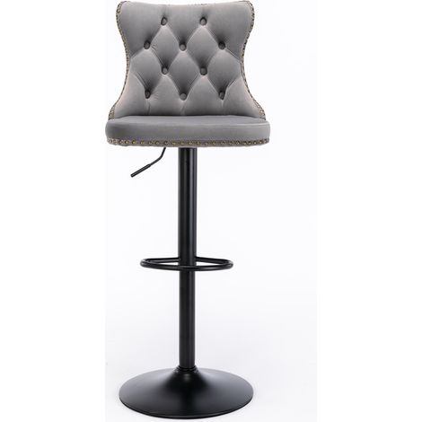 CHICFURN Set de 2 taburetes de bar de terciopelo gris, giratorios 360°, altura regulable de 63,5 a 83,8 cm, con respaldo acolchado y base cromada estable para cocina y pub (1/5)