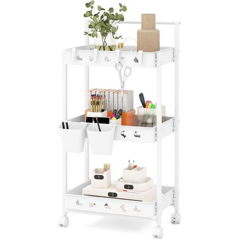 COSTWAY Carrito de Almacenamiento con Ruedas de 3 Niveles, Carro Utilitario con 2 Tazas Colgantes y 4 Ganchos, Carrito Cocina con Barra de Manija para Cocina, Baño, 42 x 29 x 83 cm (1/5)