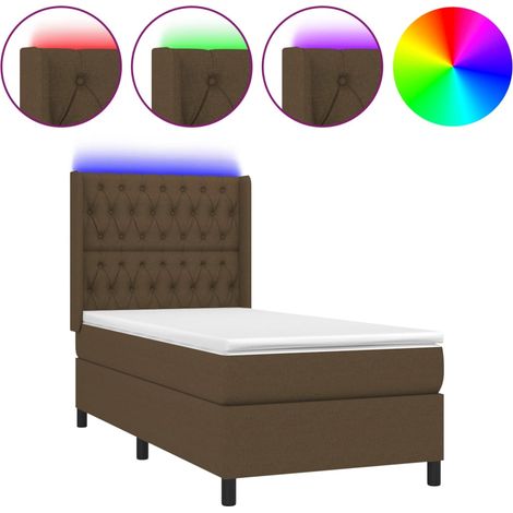 Lit simple Lit adulte Sommier à lattes de lit matelas LED Marron foncé 90x190cm Tissu