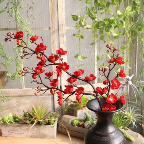 Bouquet de fleurs de prunes en plastique artificiel en soie bricolage décor à la maison rouge (1/5)