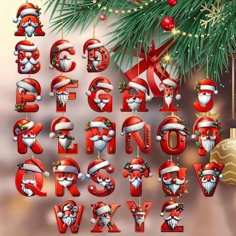 Ornement De Noël - Lettres Alphabet A Z Avec Chapeau Et Barbe De Père Noël - Décoration Arbre Guirlande Couronne Intérieur Extérieur - 26 Pièces (1/5)