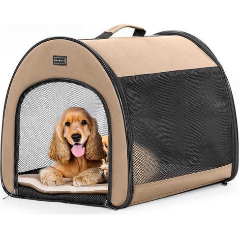 Faltbare Hundebox atmungsaktiv mit Plüschkissen und Aufbewahrungstasche Größe M Khaki (1/5)