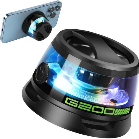 Enceinte Bluetooth agnétique, G200 Enceinte Bluetooth Portable 7 Heures d'autonomie, Haut-Parleur Bluetooth avec Lumière Multicolore RVB et Support de Téléphone, pour l'extérieur/La Fête/Voyage (1/5)