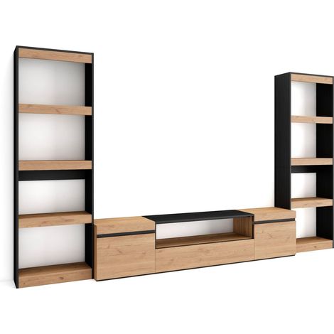Skraut Home – Ensemble meuble TV moderne – Meuble salon complet chêne et noir – Dimensions 320x35x186cm – Pour TV jusqu'à 80 pouces