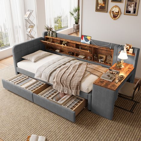 Divano letto in lino grigio e MDF 90x200 cm con scrivania, 2 cassetti, vani contenitore e USB/Type-C (1/5)