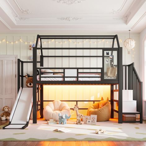 Letto a soppalco per bambini 90x200 cm in metallo nero, salvaspazio, senza materasso FloraGrace (1/5)