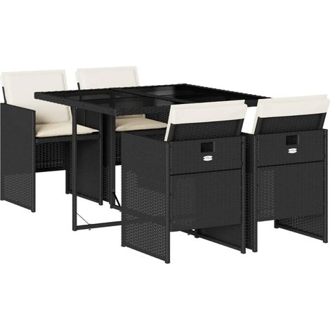 Vidaxl – Ensemble table et chaise de jardin 5 places – Résine tressée noire – Coussins épais amovibles – Dessus en verre trempé