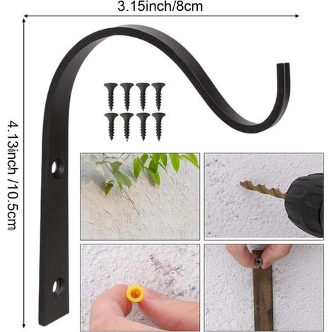 Par de 2 ganchos，soportes de cesta de hierro forjado，ideal para colgar plantas de exterior (negro