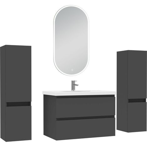 Ocean ensemble meubles Salle de Bain 80cm colonnex2 + vasque + miroir lumineux Anthracite