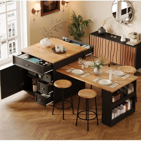 Isola da cucina allungabile 120-184x70x94 cm, con cassetti e rotelle, in MDF nero (1/5)
