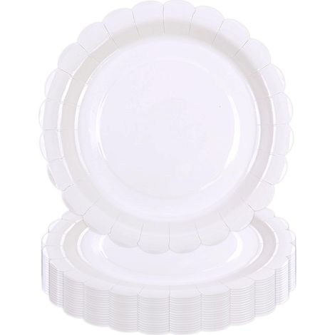 Lot de 50 Assiette Carton Blanc de 23 cm, Festonnées Assiette Jetable Vaisselle Jetable Anniversaire Pour Gâteaux Desserts Anniversaires Baby Showers Mariages Décorations (Blanc, 23cm) (1/5)