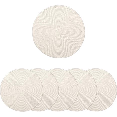 Lot de 6 Sets de Table, Coton, Diamètre 33 cm, Blanc, Design Côtelé, Pour Salle à Manger (1/5)