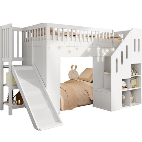 CHICFURN Letto a soppalco per bambini 90x200 cm in legno bianco con scivolo, senza materasso