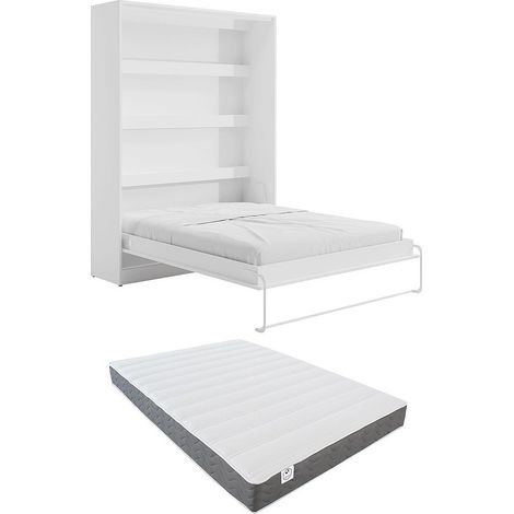 Lit escamotable 160 x 200 cm - Ouverture verticale manuelle - Avec LEDs - Blanc + Matelas - RAPILI