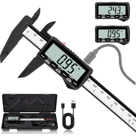 Calibrador digital recargable de 150 mm, pantalla LCD de alta legibilidad (sin retroiluminación), precisión de 0,01 mm, USB-C, medición interior/exterior/profundidad, herramienta de medición para bric (1/5)