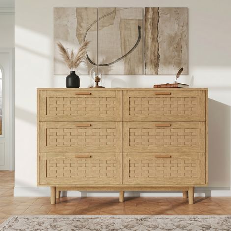 BLANKETSWARM - Commode à 6 tiroirs en rotin, 115x40x80 cm, Armoire de rangement pour salon et chambre,commode, salon, entrée, Chêne