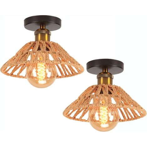 2pcs Plafonnier Industriel E27 Lampe de Plafond Vintage en Corde de Papier Luminaire Abat-jour en Chapeau pour Salon Entree (1/5)