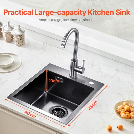 Évier de cuisine 40 cm, évier à montage par le haut en acier inox 304, évier à poser à encastrer cuve simple avec accessoires, évie… (1/5)