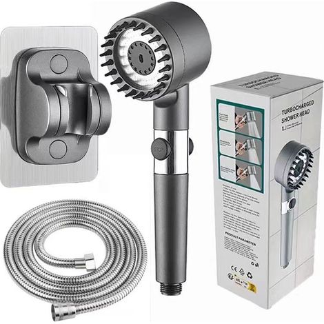 Pommeau de douche haute pression anticalcaire, 3 vitesses, avec flexible de douche en acier de 1,5 mètre et support de douche (gris argenté) (1/5)