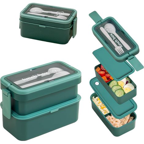 Boîte à lunch 2 compartiments pour adultes et enfants, 950+550 ml, boîte repas empilable grande capacité, bento avec fourchette et cuillère, et poignée escamotable. Vert (1/5)