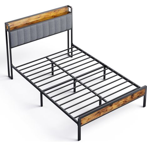 Cama Doble de Metal Bealife 140x200 cm con Cabecero Acolchado en Tela y Somier de Láminas en Negro y Gris Claro, Incluye Espacio de Almacenamiento (1/5)