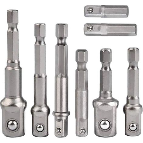 Set of 8 socket adapters, 1/4" hex to 1/4", 3/8", 1/2" socket adapters for cordless drills and screwdrivers, sockets, and bit holders (1/5)