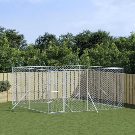 Chenil d'extérieur, Enclos Parc Cage pour animaux pour chiens argenté 4x4x2 m acier galvanisé LKF39637 (1/4)