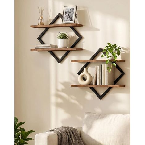 Étagère flottantes, Lot de 2, Étagères murales à 2 Niveaux, Rangements Suspendus avec Cadre métallique losangé, pour Salon, Chambre, Cuisine, Bureau, Marron Rustique et Noir (1/5)